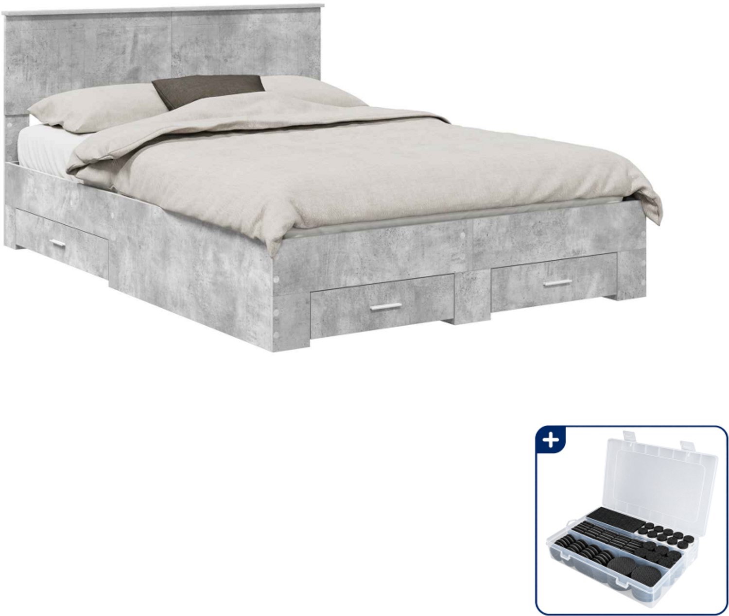 vidaXL bedframe met lade - Small double 140 x 200 cm - betongrijs - Inclusief antikrasvilt 177-delig