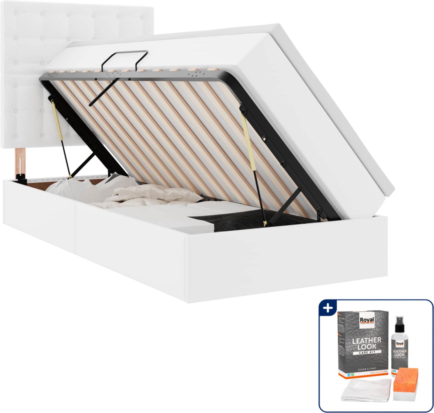 vidaXL Opbergbed - 100 x 200 cm - kunstleer - wit - Inclusief onderhoudsset voor kunstleer 150 ml Crème