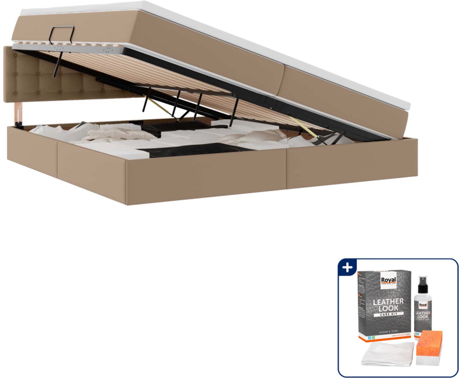 vidaXL opbergbed met led en matras - 200 x 200 cm - lichtgrijs - Inclusief onderhoudsset voor kunstleer 150 ml