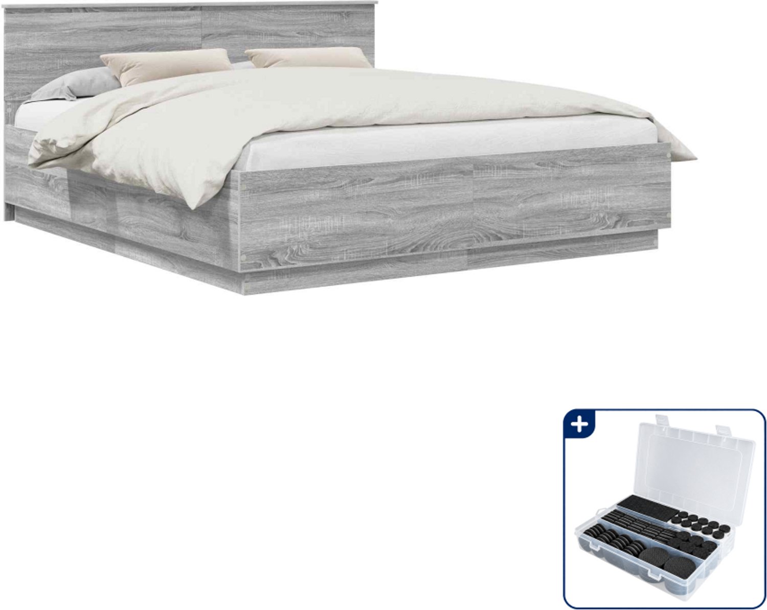 vidaXL bedframe - 200 x 200 cm - bewerkt hout - grijs sonoma - Inclusief antikrasvilt 177-delig Wit