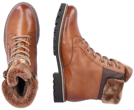 Bruine leren veterboots met imitatiebont, zijkant met rits en een robuuste profielzool.