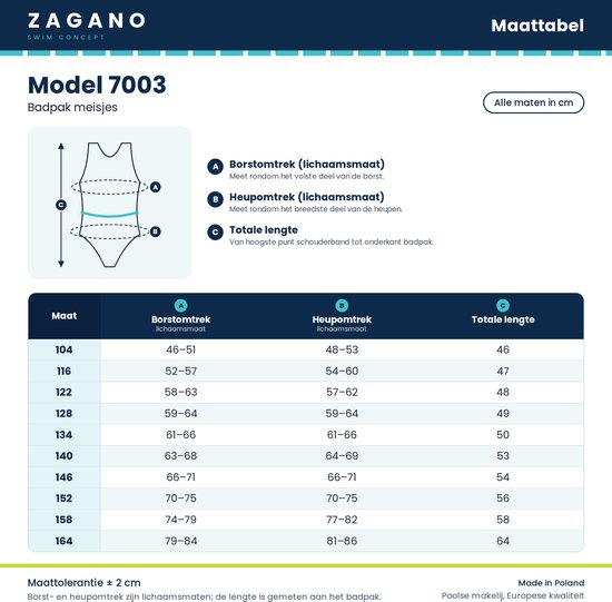 Maattabel voor meisjes badpak Model 7003 van ZAGANO. Maten in cm.