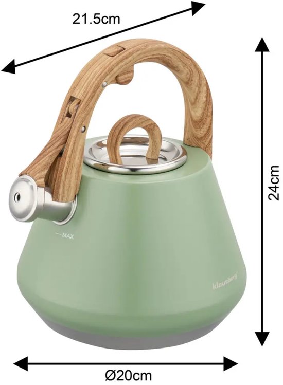 Klausberg waterketel met afmetingen: 21.5cm breed, 24cm hoog en een diameter van 20cm.