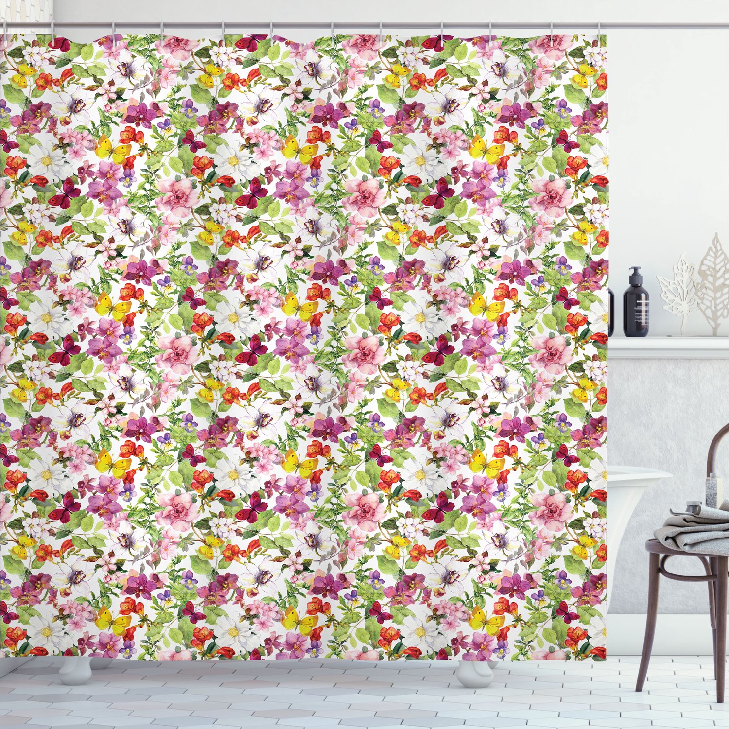 ABAKUHAUS Retro Douchegordijn, Frans Vintage Bloemen, Stoffen Badkamerdecoratieset met Haken, 175 x 240 cm, Resedagroen Groen Bleke Koffie