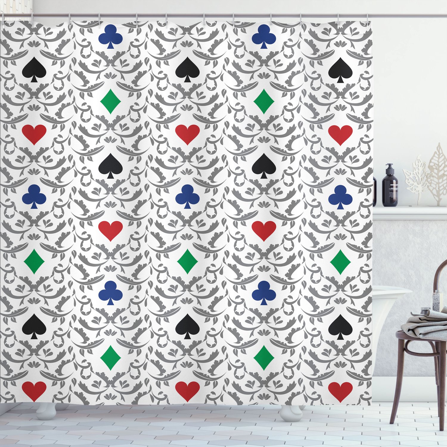 ABAKUHAUS Casino Douchegordijn, Harten, Schoppen, Ruiten en Klaveren met Victoriaanse Krulornamenten, Stoffen Badkamerdecoratieset met Haken, 175 B x 200 L, Meerkleurig