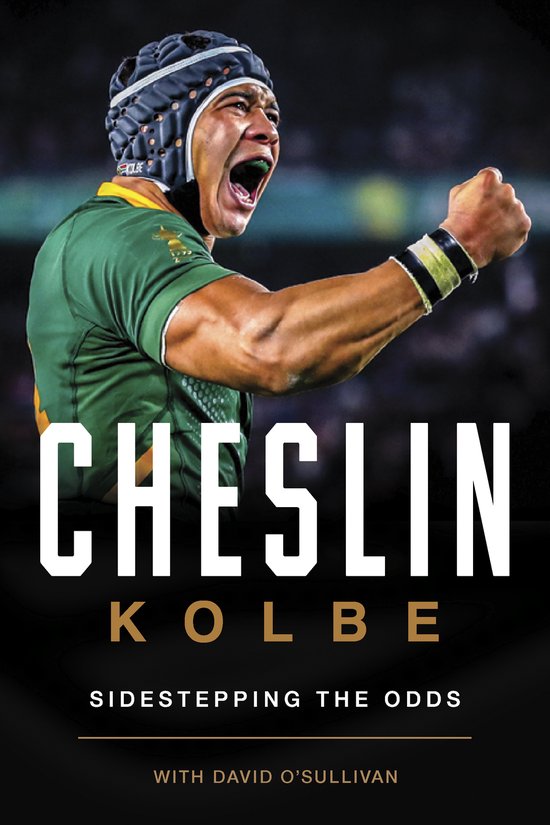Cheslin Kolbe juicht in groen rugbyshirt met helm. Boektitel: Cheslin Kolbe - Sidestepping the Odds.