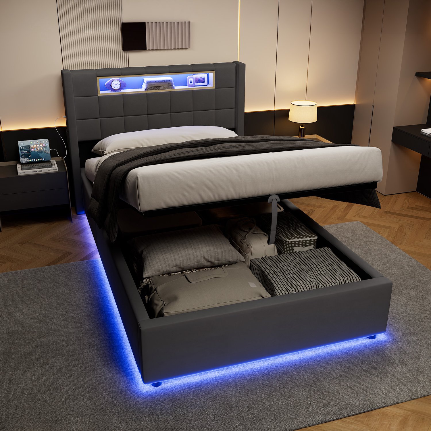 CHICFURN Eenpersoonsbed 90x200 cm - Slaapkamer - Opbergruimte en USB-laden - Hydraulisch opbergbed - Fluweel - Donkergrijs