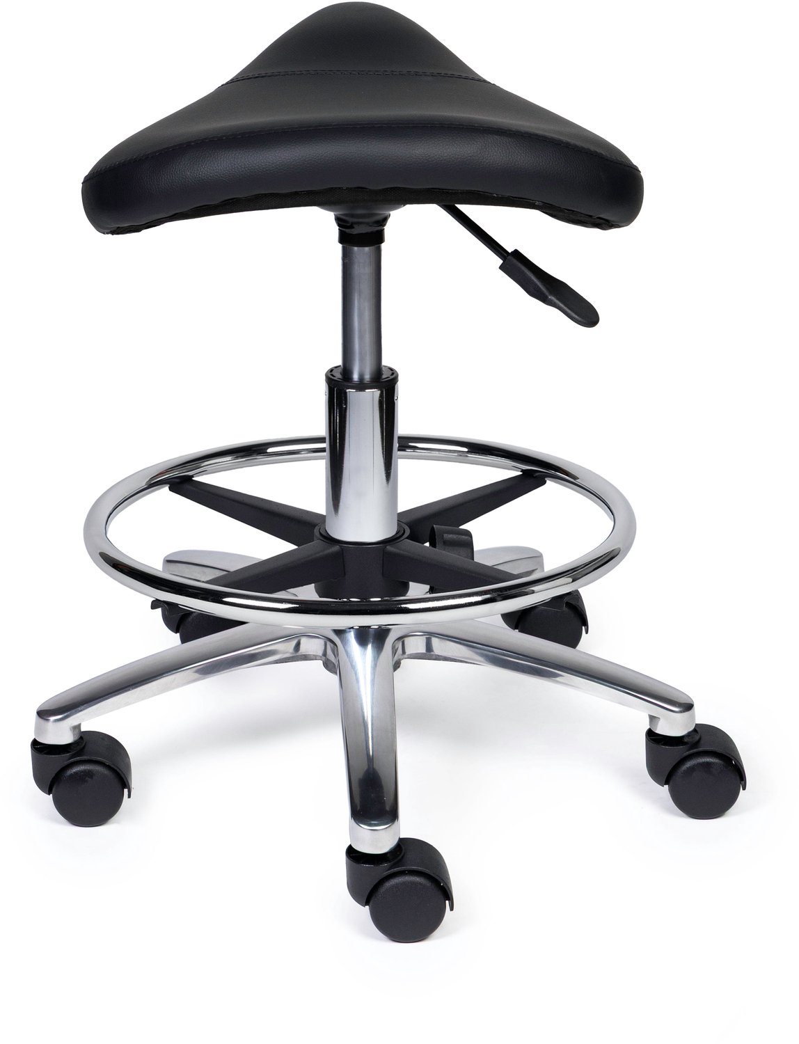 Ergonomische Zadelkruk Compact Zwart op Wielen Hoge uitvoering (70-84cm) / Met voetensteun / Standaard wielen