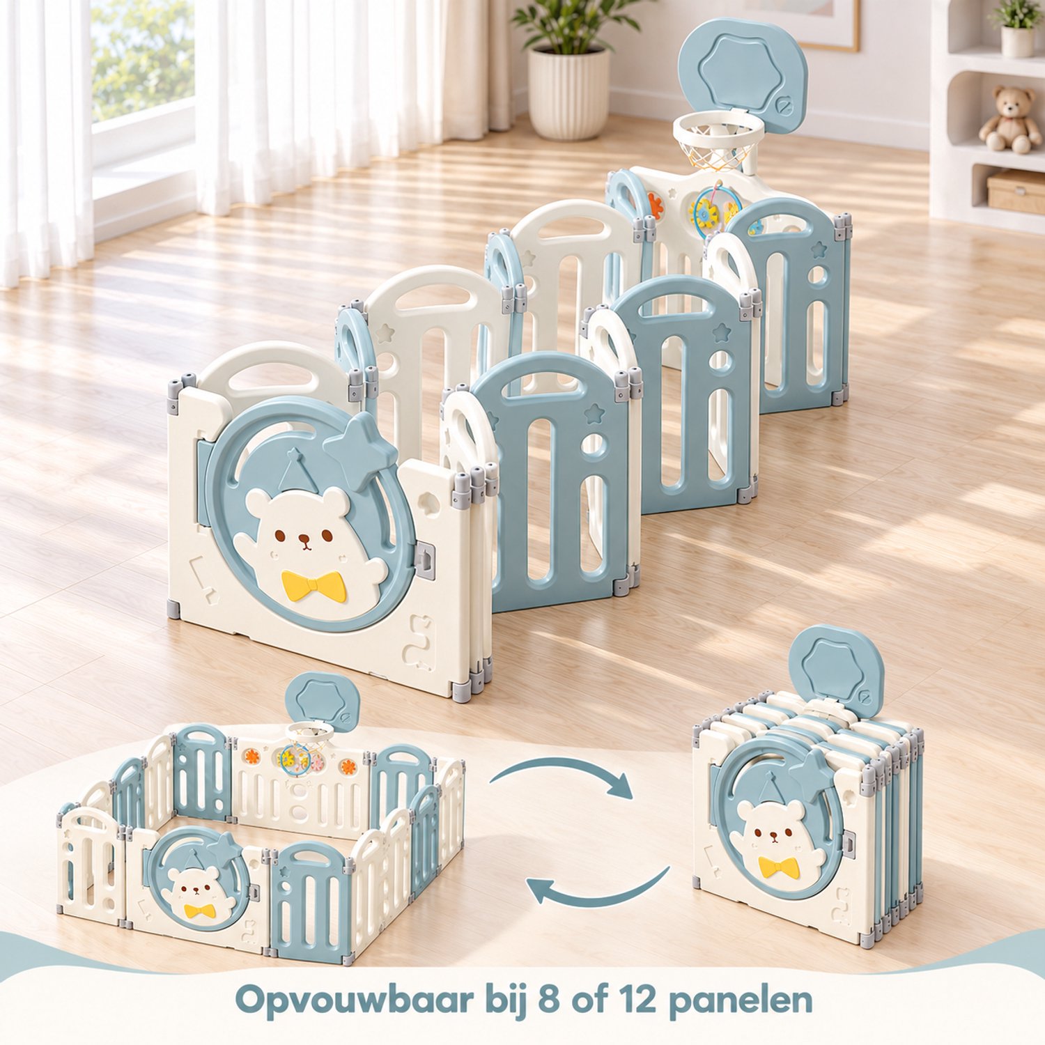 Livista Grondbox Baby –187x150x61cm – 14+2 Panelen – Inklapbare Speelbox met Beren-Thema – Verstelbare Basketbalring – Met Zuignappen – Inclusief Kruipmat – Veilig Kinderbox Playpen – foto 2