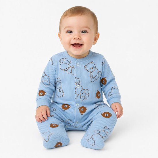Jungengel Baby Boxpakje met Voetjes Lichtblauw - Beertje Motief 100% Katoen - Rompertje Lange Mouwen met Drukknoopjes - Newborn 0-3 Maanden Maat 56 - Unisex Eerste Babykleding - Kraamcadeau Geboorte Babyshower — afbeelding 4