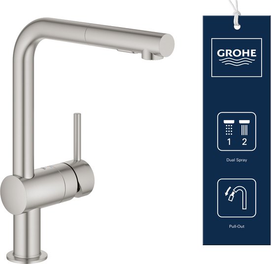 Geborsteld RVS keukenkraan met uittrekbare douchekop en Dual Spray.