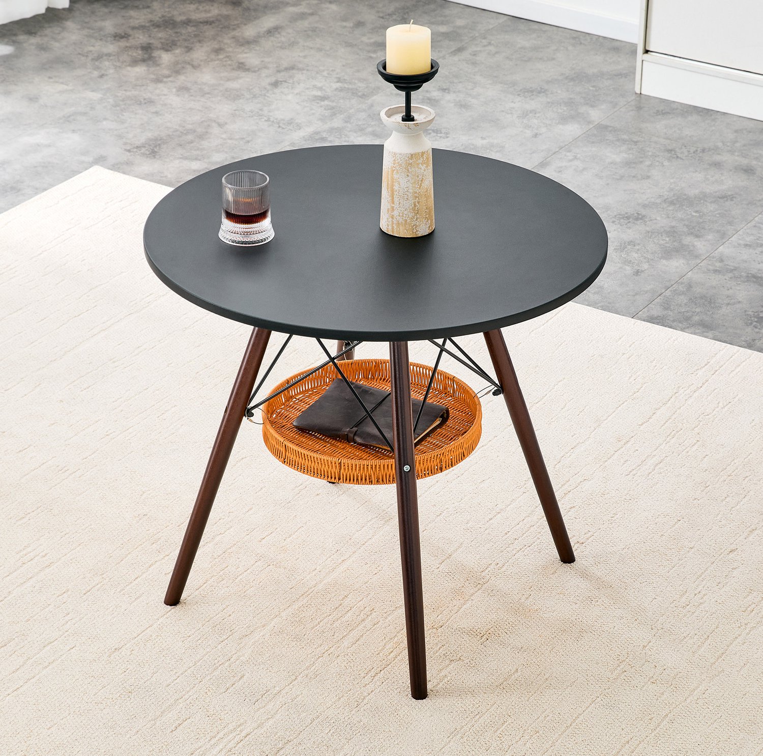 WUVRIE Ronde eettafel Ø 80 cm - MDF blad met opbergmand en metalen kruisframe - Zwart/walnoot