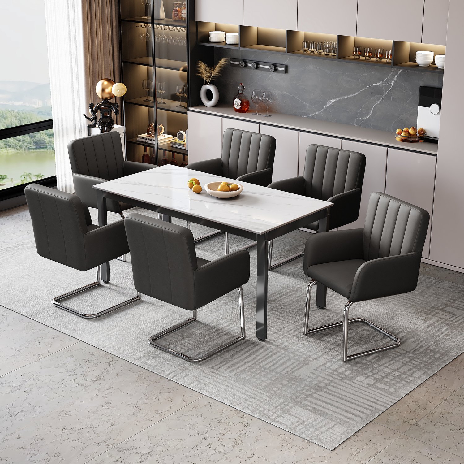 WUVRIE Set van 6 eetkamerstoelen 56x57x86 cm - Kunstleer, armleuningen en metalen onderstel - Zwart