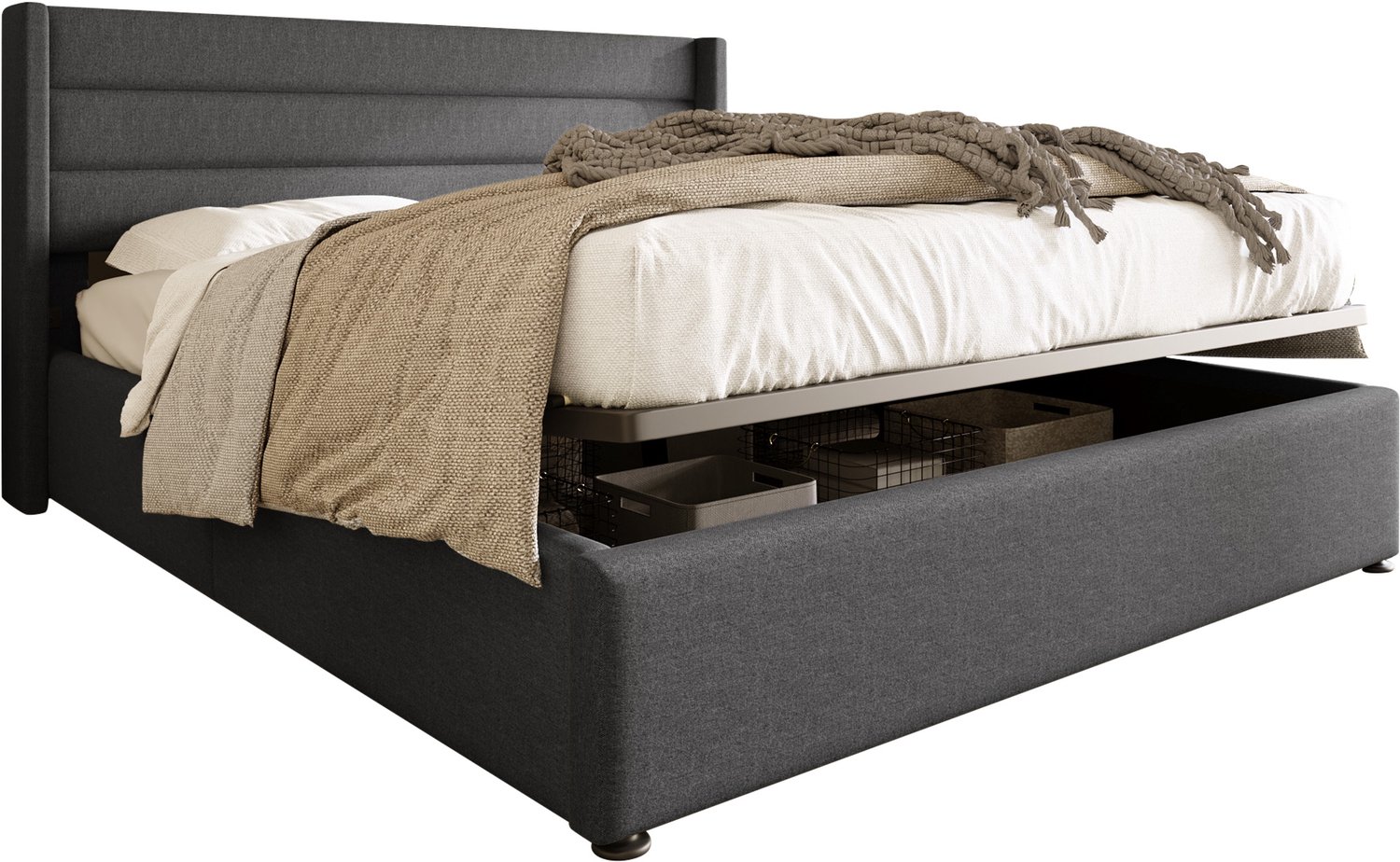Opbergbed 140x200 cm - Hydraulisch Gestoffeerd Bed Met Matras - Hefbare Houten Lattenbodem En Linnen Hoofdbord - Grijs