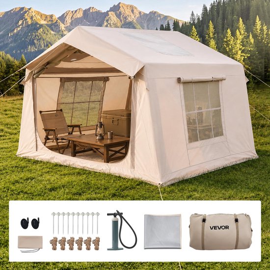 VEVOR Opblaasbare Glampingtent, Luchttent voor 3-5 Personen met Pomp, Beige, voor Buitenactiviteiten, Waterafstotend 420D Oxford-Stof, Dakraam, Opening voor Kachelpijp, Gaasraam & Draagtas — afbeelding 2