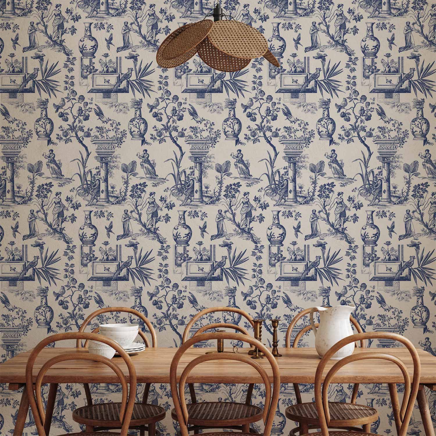 Behang - Blue antique – a delicate pattern with Greek and botanical motifs