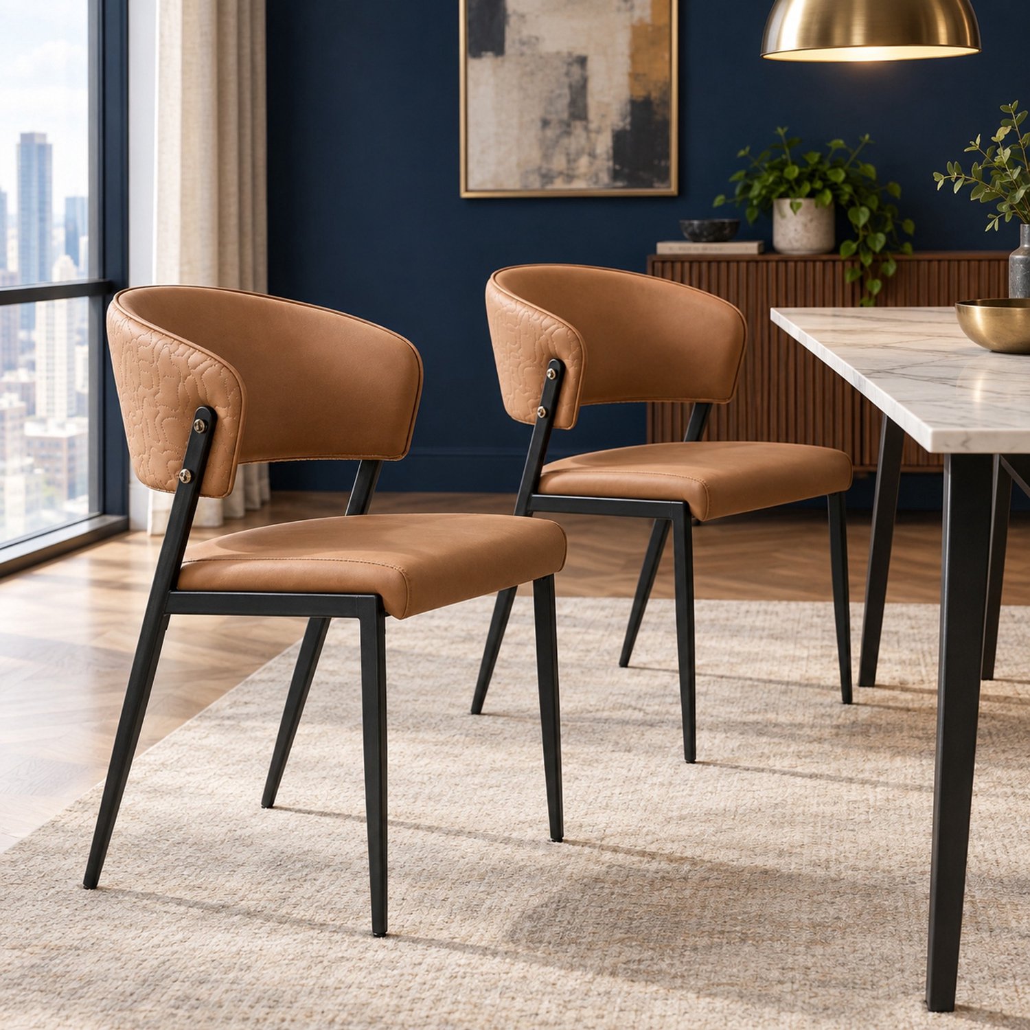 WUVRIE Eetkamerstoelen set van 2 - Kunstleren zitting, metalen onderstel en gebogen rugleuning - Bruin