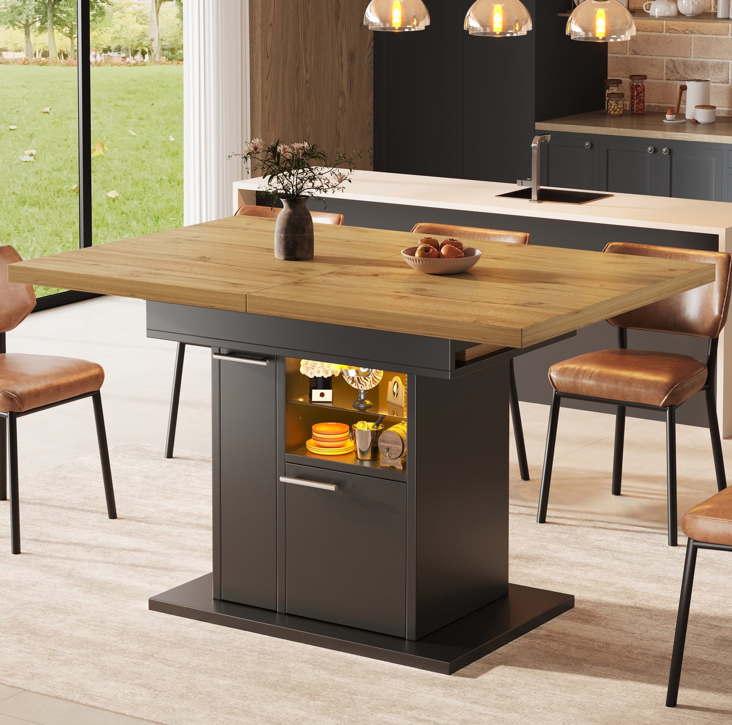 WUVRIE Uitschuifbare eettafel 110-140x80 cm - Opbergruimte, glasplanken en meerkleurige LED-verlichting - Zwart