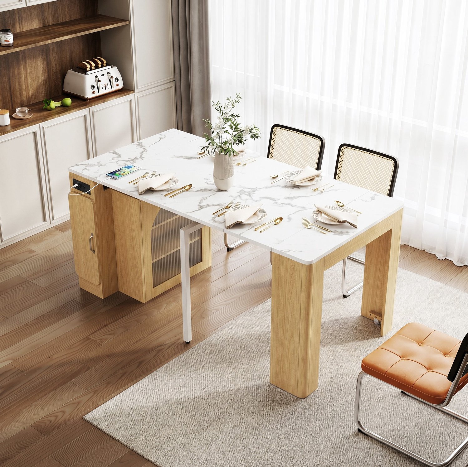 WUVRIE Uitschuifbare eettafel 83-149,6 cm - Keukeneiland met opbergruimte, LED en USB/Type-C - Naturel