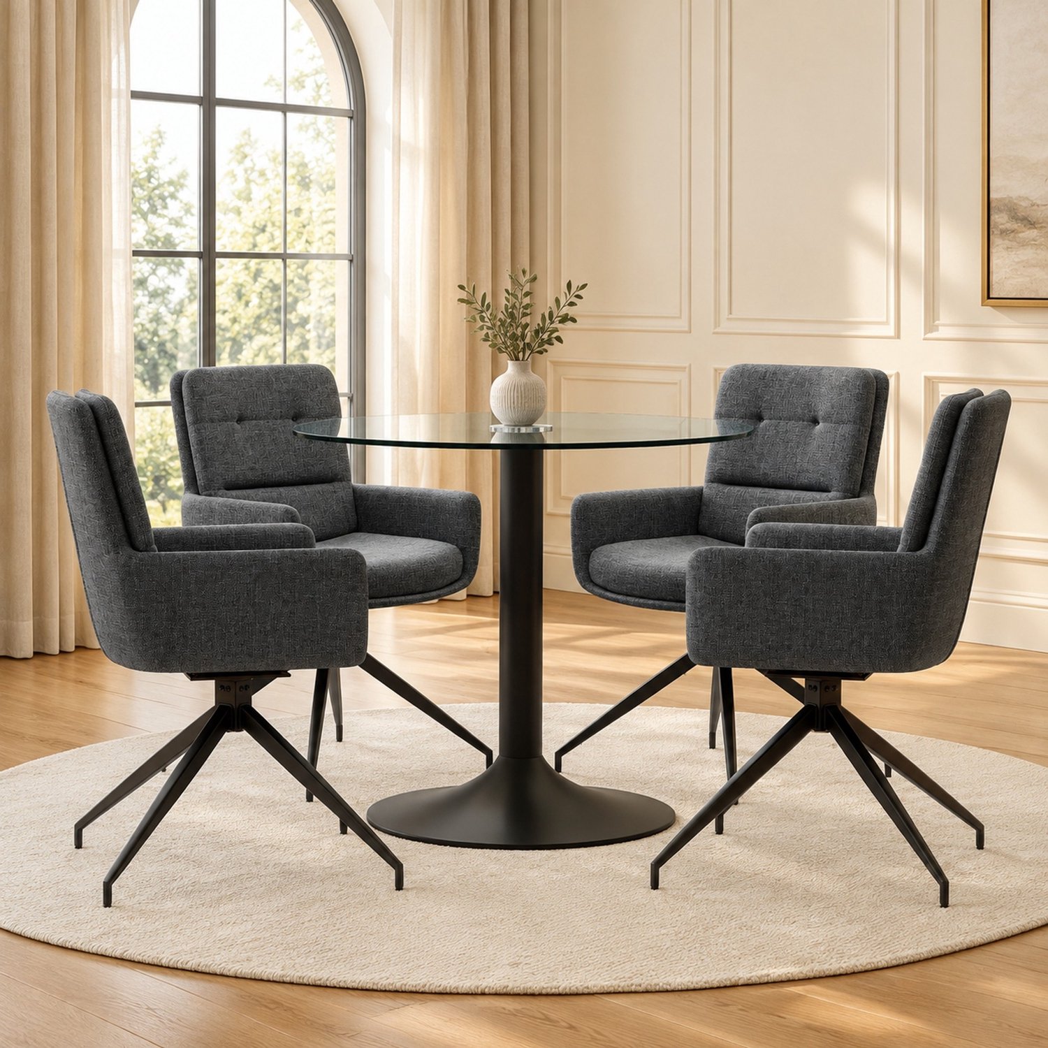 WUVRIE Ronde eettafelset Ø 85 cm - 4 draaibare armstoelen en glazen blad - Zwart/donkergrijs/transparant
