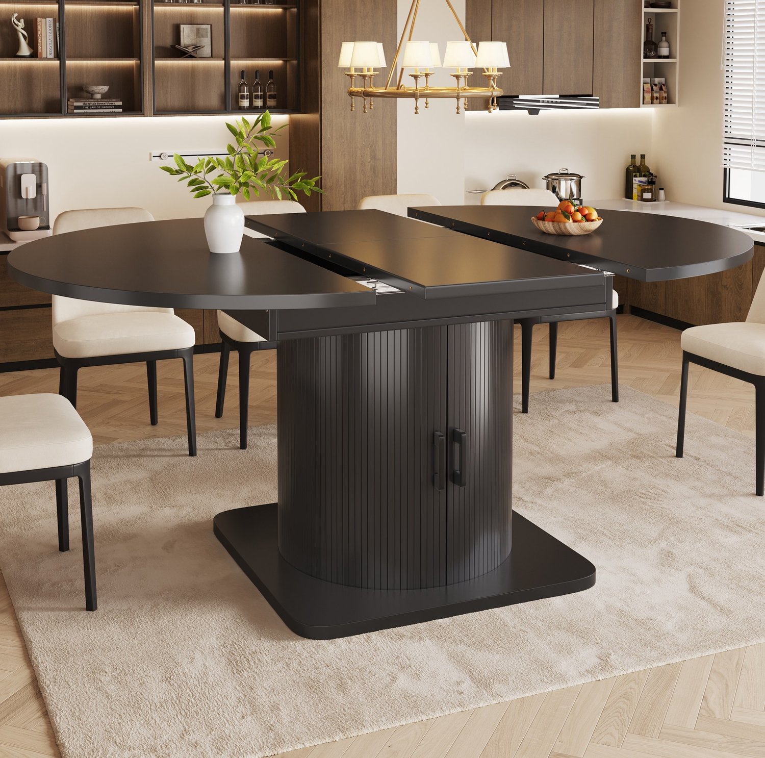 WUVRIE Uitschuifbare eettafel 118-158x118 cm - Verborgen opbergruimte en glashouder - Zwart