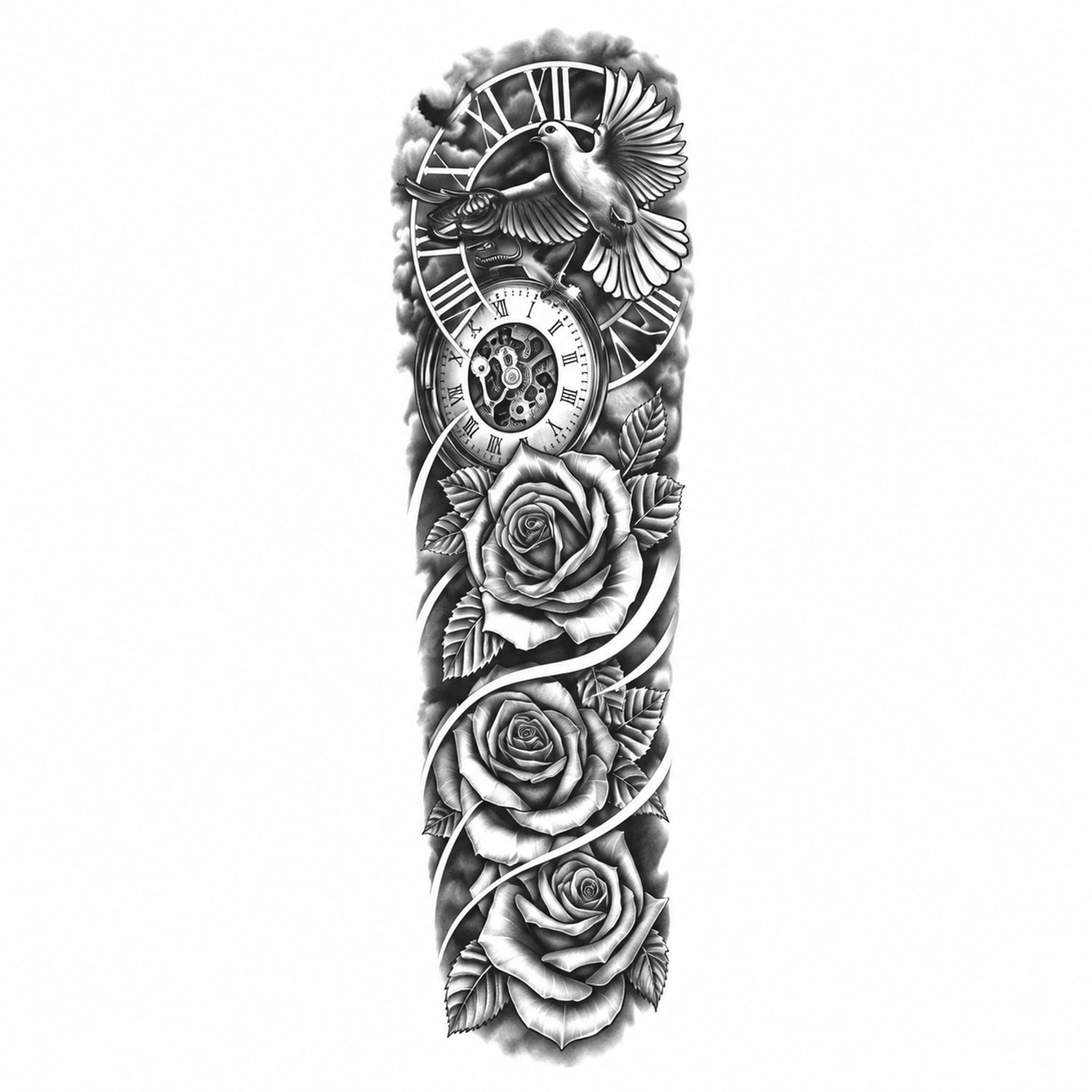 INKC - Tijdelijke Tattoo - Duif, Klok en Rozen Sleeve - Nep Tattoo - Plak Tattoos - Blijft tot 2 weken - 16 x 47cm