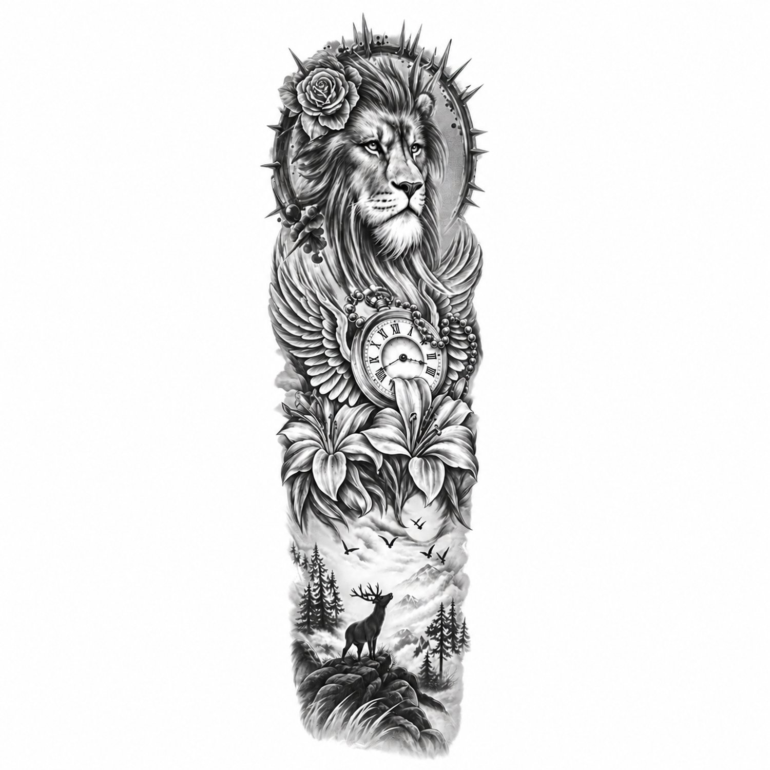 INKC - Tijdelijke Tattoo - Leeuw en Klok Sleeve - Nep Tattoo - Plak Tattoos - Blijft tot 2 weken - 16 x 47cm