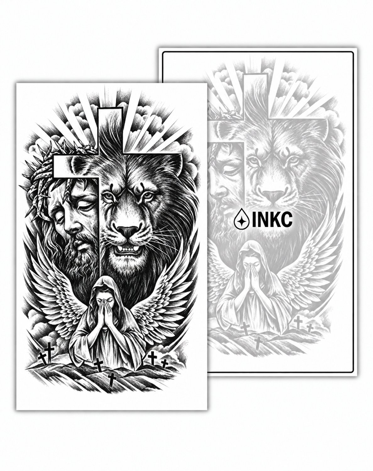 INKC - Tijdelijke Tattoo - Jezus en Leeuw - Nep Tattoo - Plak Tattoos - Blijft tot 2 weken - 11 x 18cm