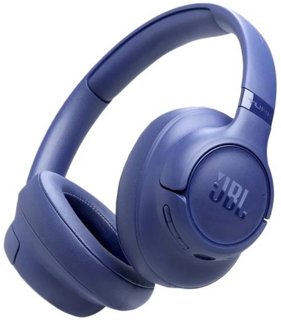 Blauwe JBL Tune over-ear koptelefoon, schuin perspectief.