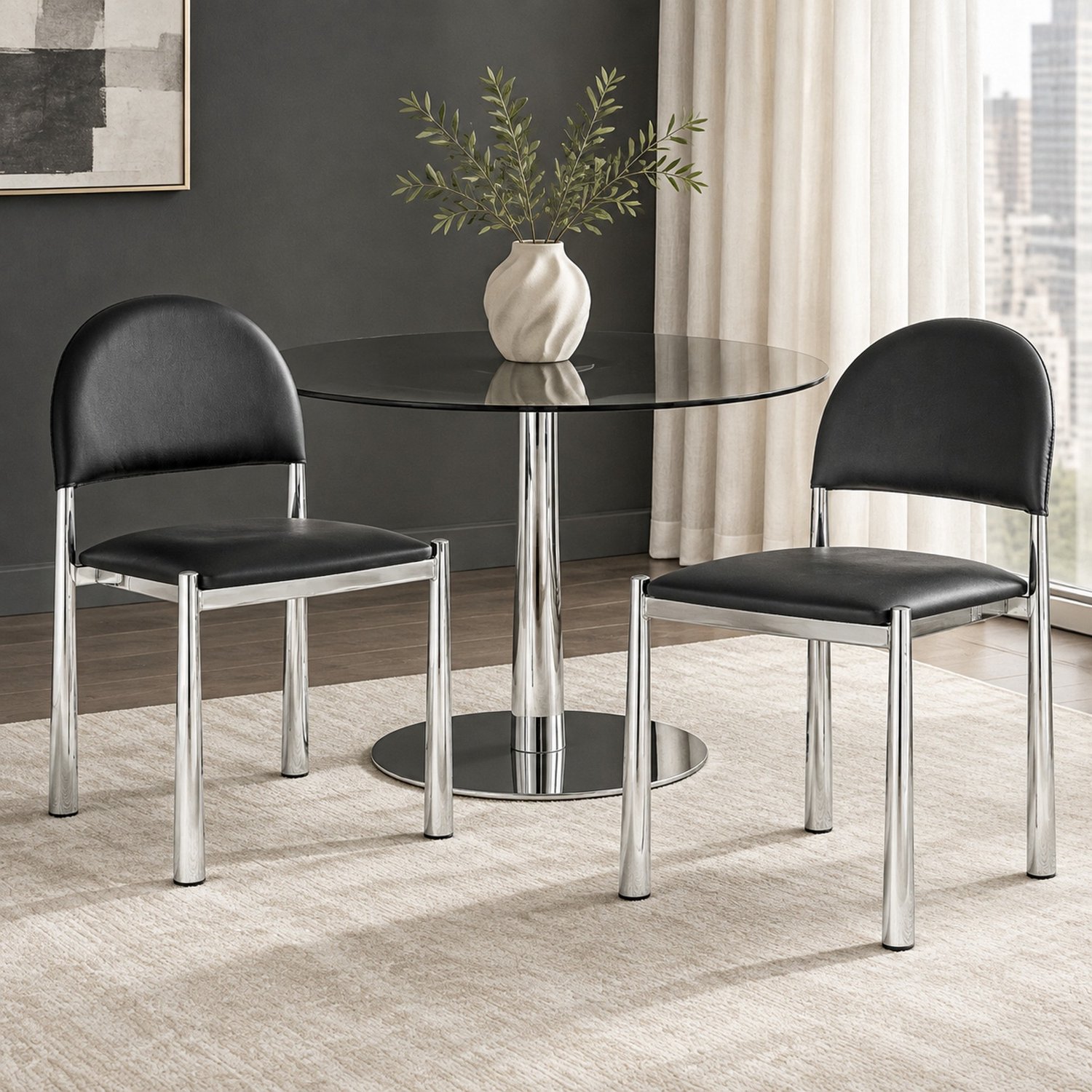 WUVRIE Set van 2 eetkamerstoelen - Kunstleren zitting, halfronde rugleuning en metalen poten - Zwart
