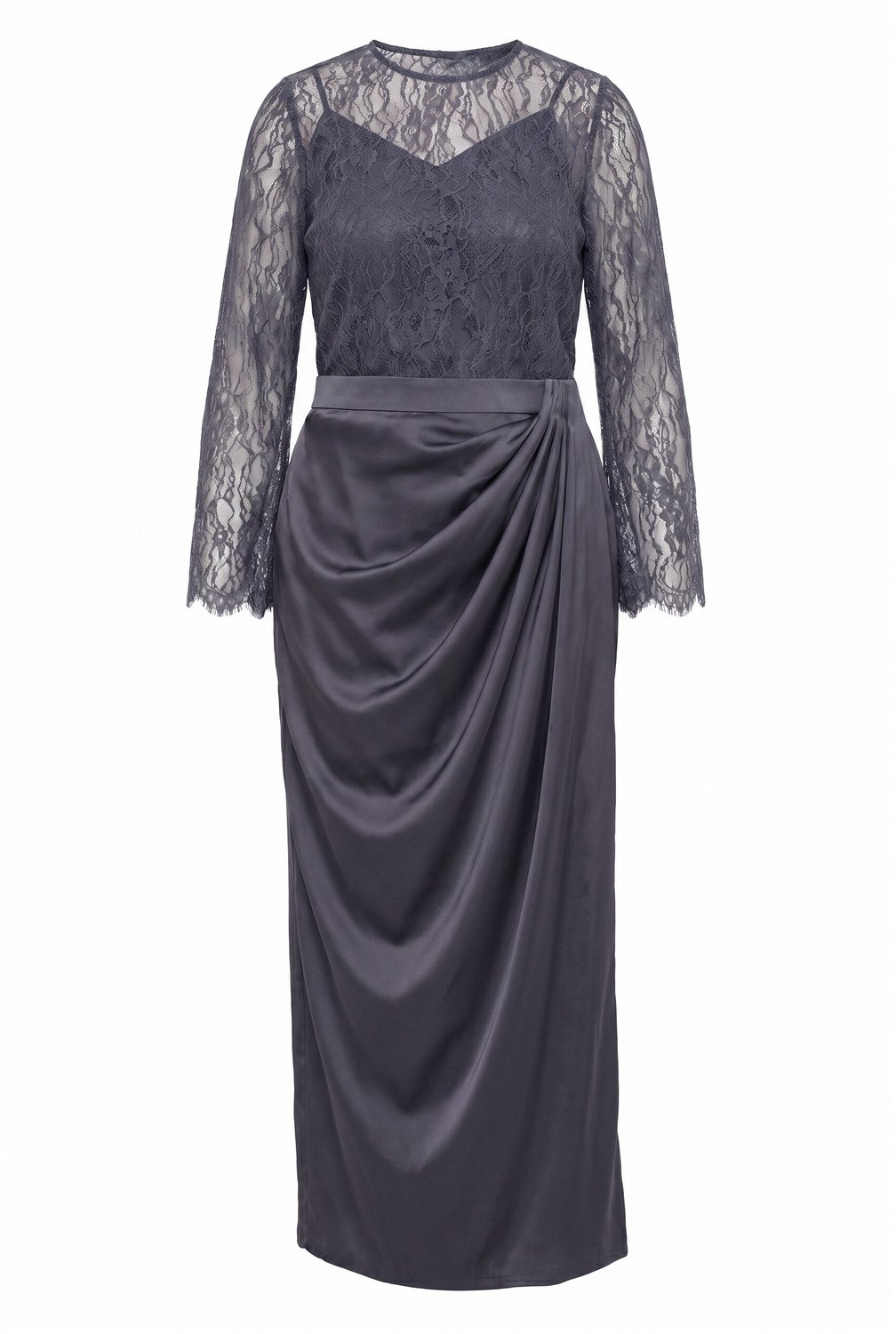 Ulla Popken - Dames - Satijnen maxi-rok gedrapeerd recht model - Asfalt - Maat 42+