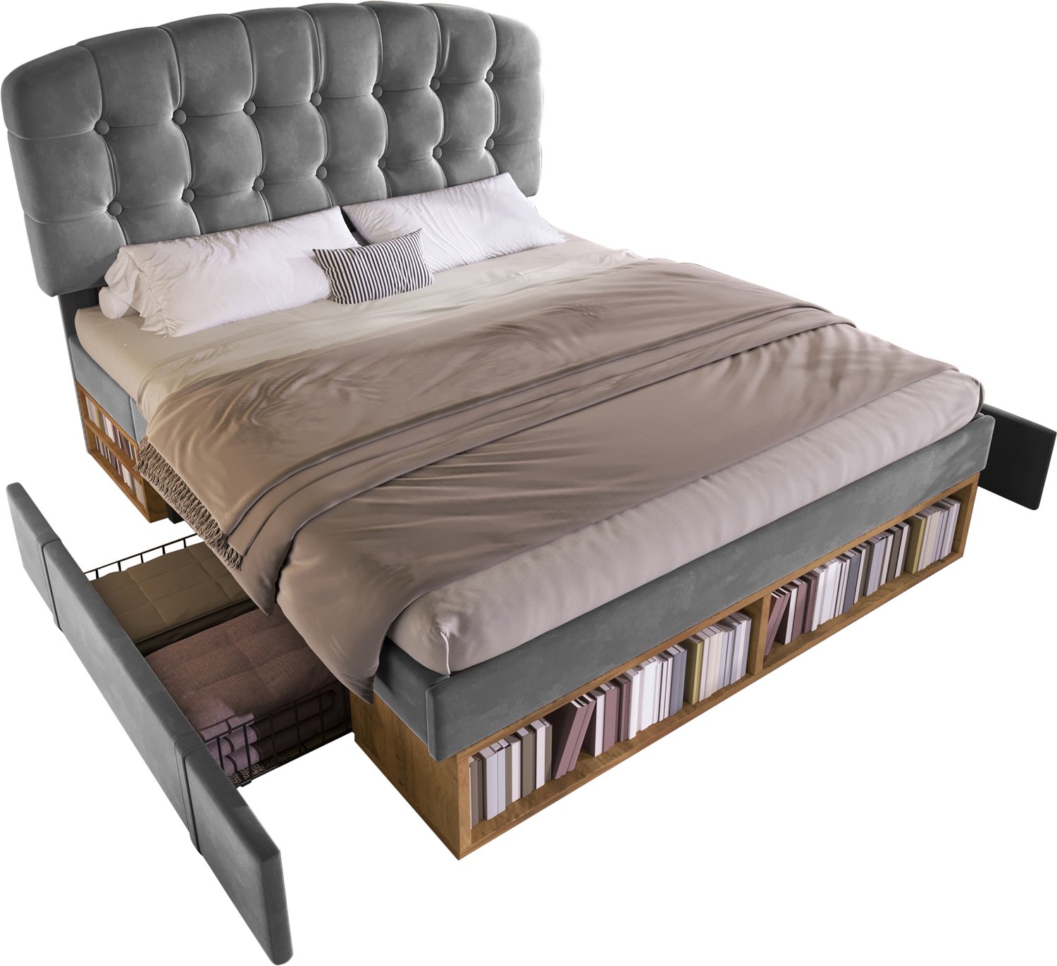 Bed 140x190 Met Opbergruimte - Grijs Gestoffeerd Bed Met Lades - In Hoogte Verstelbaar Hoofdbord - Fluweel En Lattenbodem
