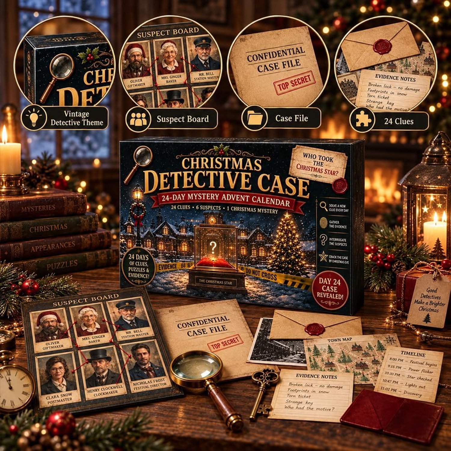 Mysterie Adventskalender 2026 - 24 Dagen Escape-room Puzzels - 6 Verhaalthema's - Dagelijkse Verrassing - Uniek Aftelavontuur - Perfect voor Volwassenen & Kinderen - Complete Set - Spannend & Uitdagend - Zumolir® – foto 4