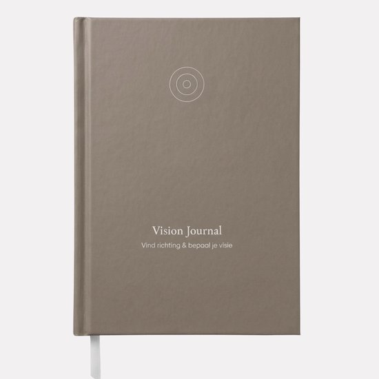 Dicht, beige Vision Journal met subtiel icoon en de tekst 'Vind richting & bepaal je visie'.