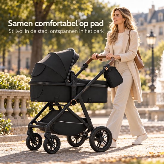 Lunola Noor Premium Kinderwagen 2 in 1 - Combi met Reiswieg en Omkeerbaar Zitje - Compact Inklapbaar - Buggy en kinderwagen voor 0 tot 3 Jaar - Zwart — afbeelding 5