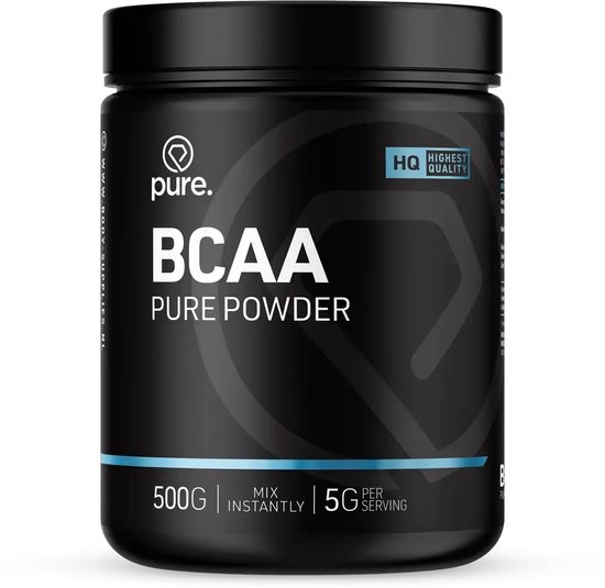 Zwarte pot Pure. BCAA poeder van 500g met blauwe accenten, HQ-label en 5g per portie.