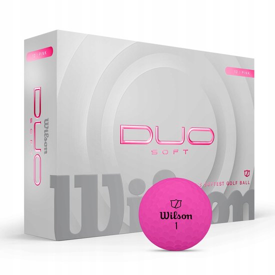 Doos Wilson DUO Soft golfballen, 'World's Softest Golf Ball', 1 roze bal zichtbaar.