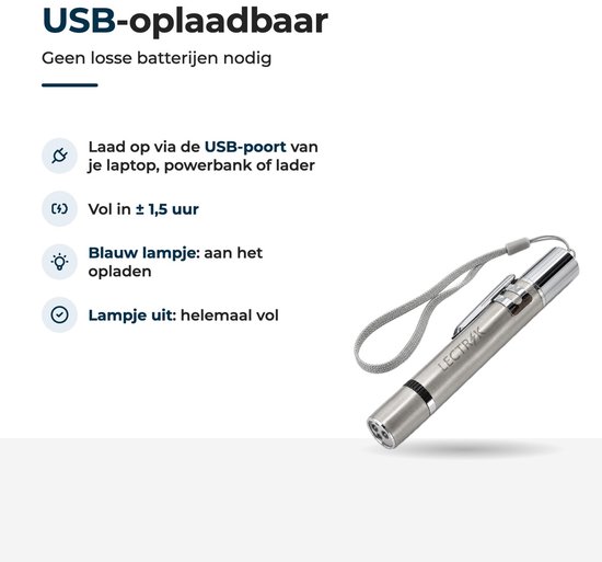 Zilverkleurige LECTRIK laserpen met USB-oplaadinstructies, weergegeven met iconen voor opladen en statuslampje.