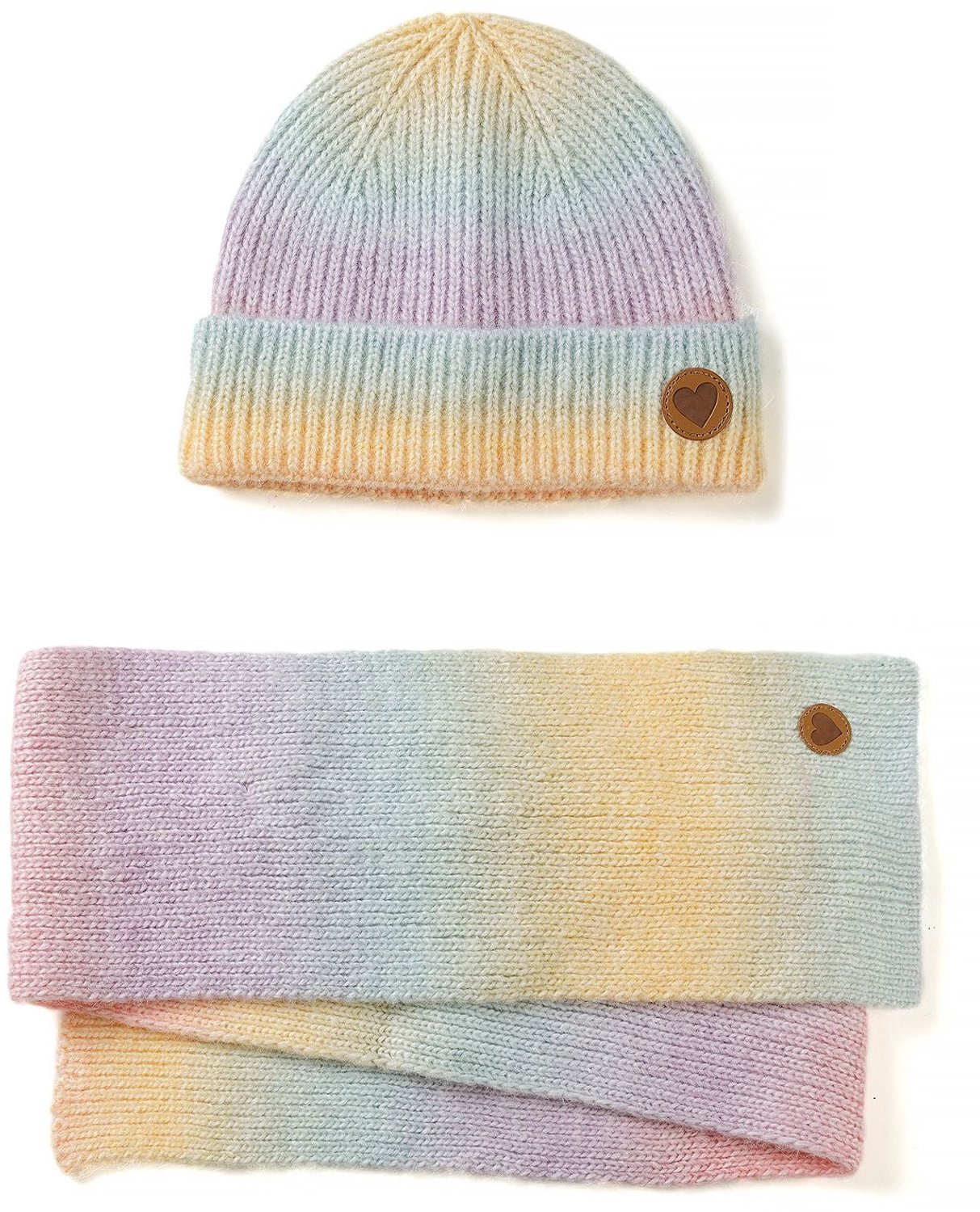 Minoti muts en sjaal kind – regenboogverloop – hartbadge – pastelkleuren