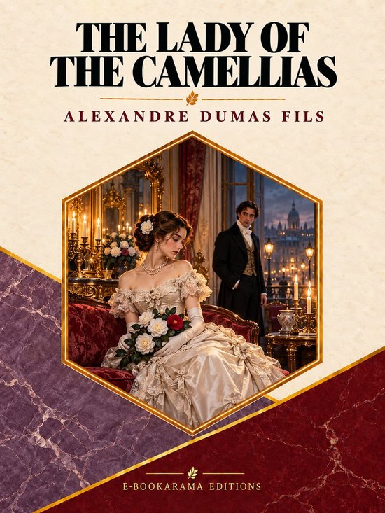 Boekomslag van The Lady of the Camellias door Alexandre Dumas fils met een illustratie van een elegant koppel.