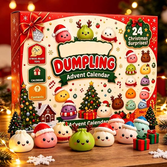 Calendrier de l'Avent Dumpling avec 24 surprises de Noël, incluant des figurines de raviolis colorées pour le décompte.