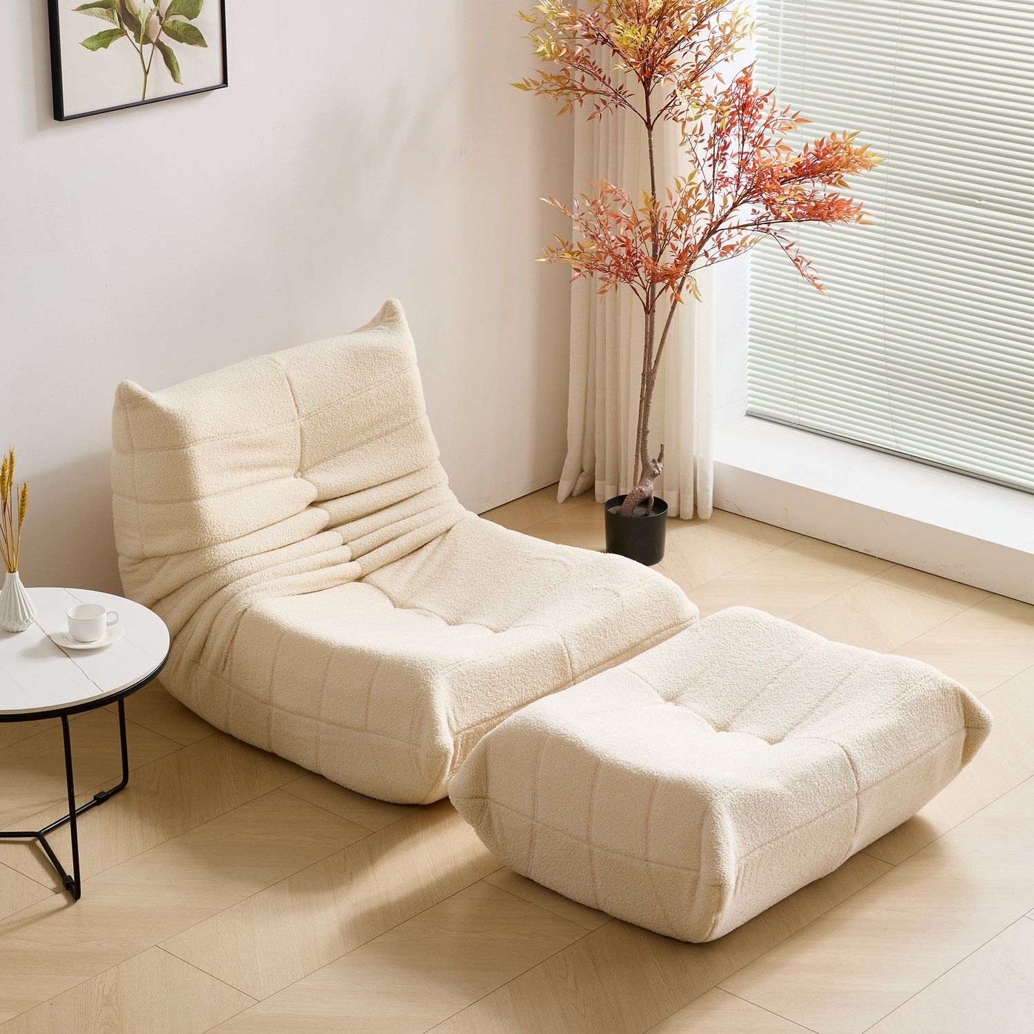 CHICFURN Zitzak voor 1 persoon - Ergonomisch - Frameloos - Schuimvulling - Teddy fleece - Beige Gebroken wit