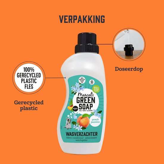Fles wasverzachter met details over de gerecyclede plastic fles en de doseerdop.