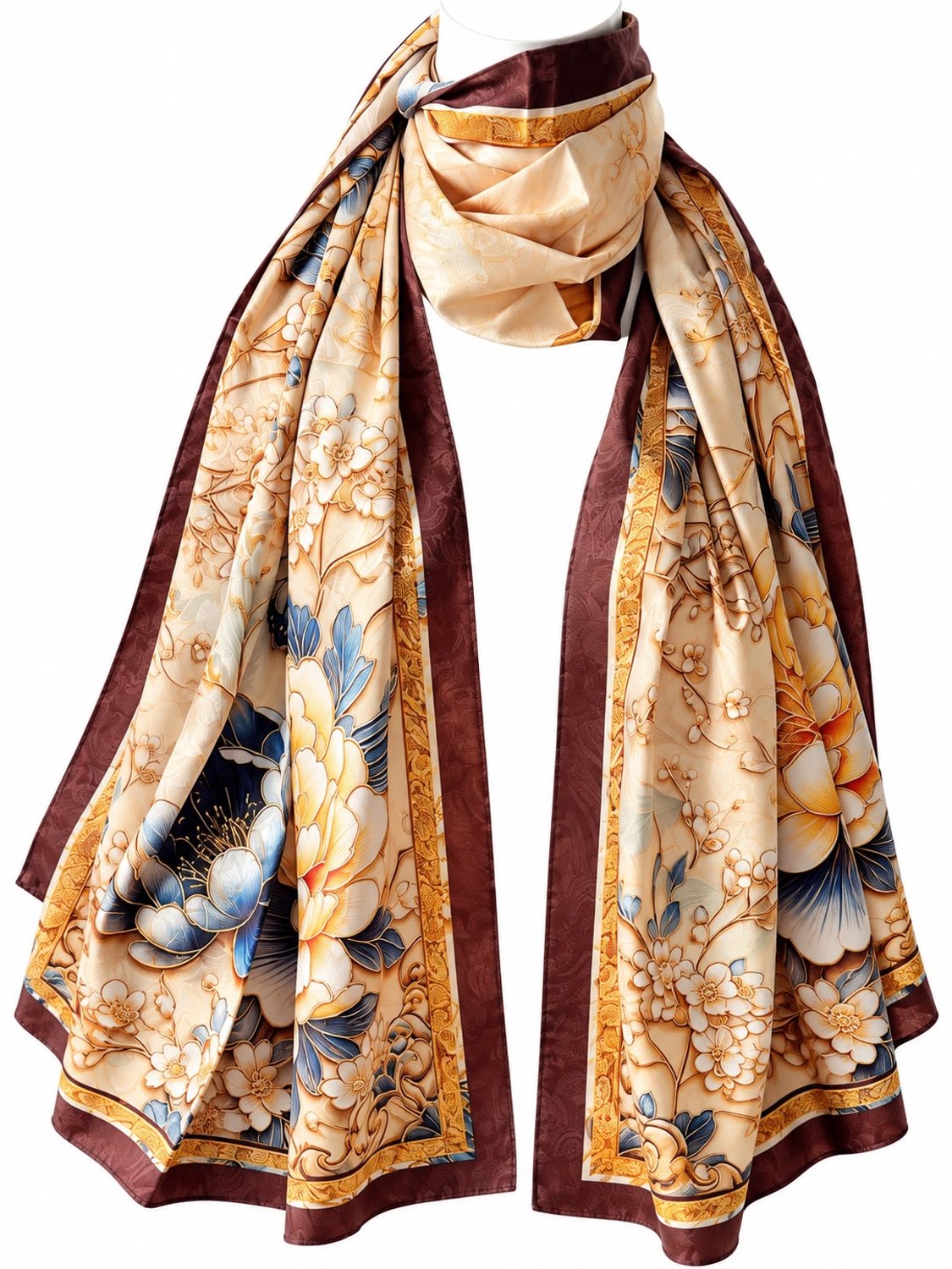 Luxe Prachtige elegante sjaal met een rijke bordeauxrode-Sjaal-Double Kanten Print-Omslagdoek-Viscose & Zijde-Herfst/Winter- YS1199 Beige