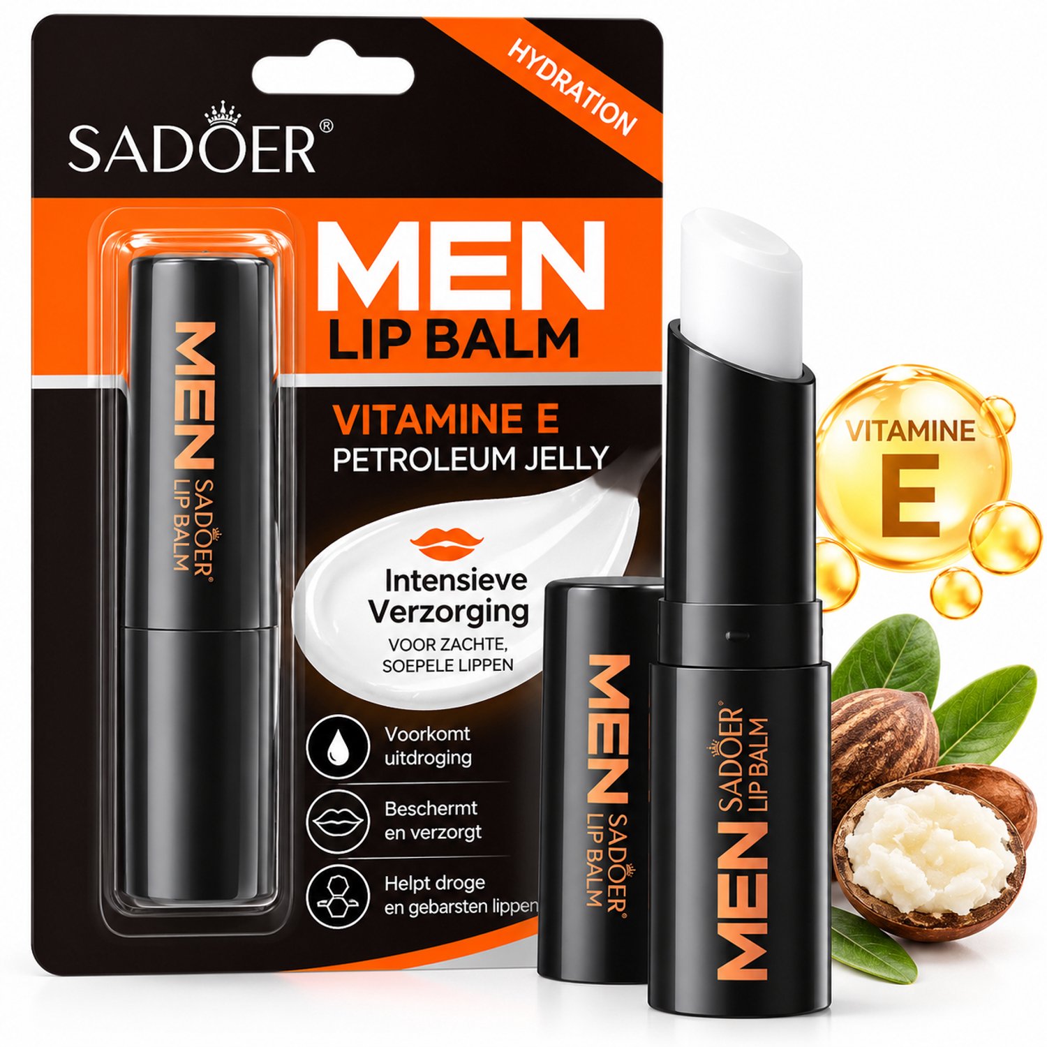 SADOER Men Lip Balm 2,7 g | Lippenbalsem Heren | Lippenbalsem Mannen | Vitamine E | Petroleum Jelly | Hydraterende Lippenverzorging | Verzorgende Lip Balm | Droge Lippen | Lippenbalsem Stick | Lippenverzorging Heren | Hydraterend | Dagelijks gebruik