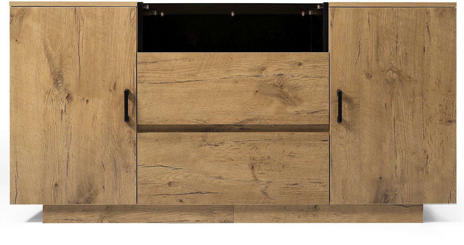 SONNENH Dressoir met 2 deuren, 2 laden, open vak en getint glas - Eikenlook - 140 x 40 x 70 cm