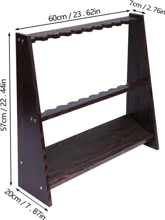 Poolkeuhouder - Poolstick houder - biljartkeurek van hout - 10 sticks - Hout - Biljartstickhouder - rek voor 10 keuen - Keuhouder voor wand en vloer - Biljartaccessoires - 57 x 60cmm - Bruin — afbeelding 2