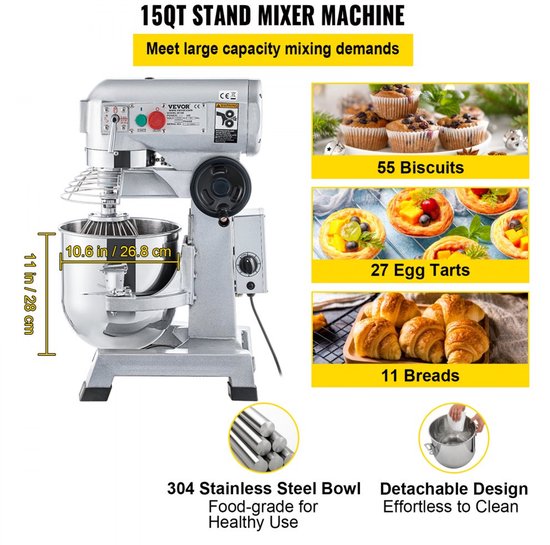 Keukenmachine Standmixer - 850 W Vermogen - 15 Qt Kominhoud - Roestvrij Staal - Met Timerfunctie — afbeelding 3
