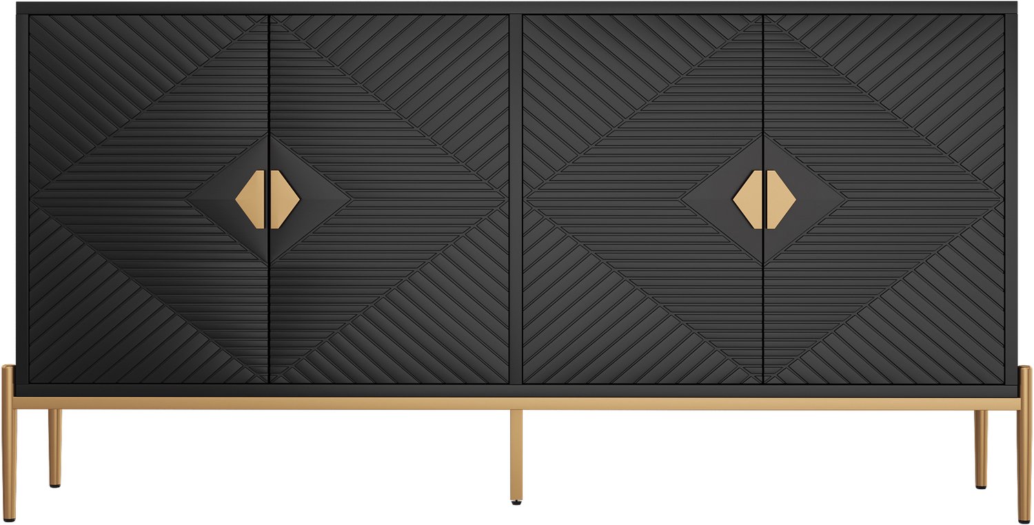 SONNENH Zwart dressoir met 4 deuren, geometrisch reliëf en metalen frame - 162 x 40 x 80 cm