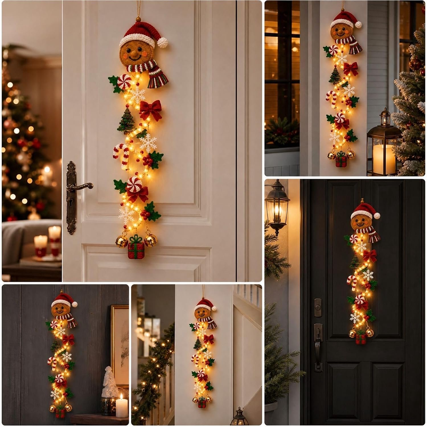 Verlichte Kerstdeurhanger - Gingerbread Man Peperkoekmannetje - Kerstdecoratie voor Deur, Muur & Raam - Verticale Kerstversiering - Rustieke Stoffen Decoratie - Feestelijke Kerstdecoratie voor Binnen – foto 5